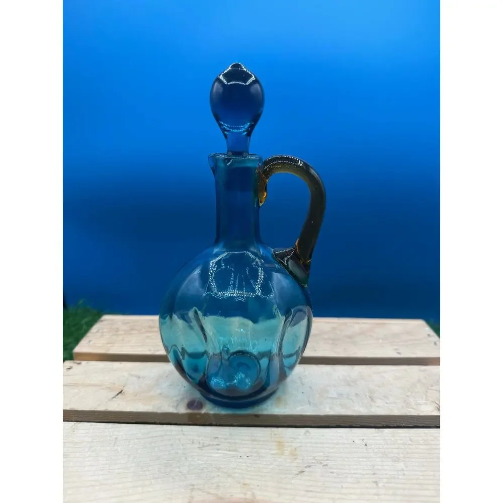 Blenko Style Mid-Century Blue Art Glass Decanter with Amber Handle - 8” Tall